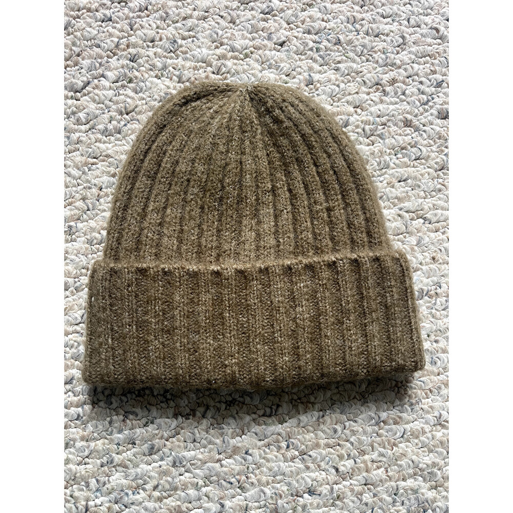 PIECES UK Rib-Knit Fold-Up Wool Blend Toque Knitted Hat Olive Brown One Size